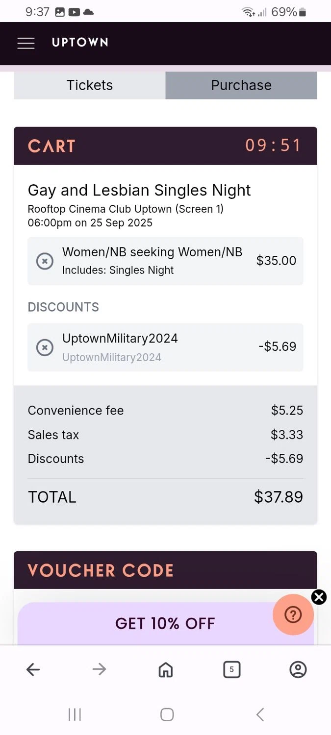 Rooftop Cinema Club promo code screenshot showing code UptownMilitary2024 applied at Rooftop Cinema Club checkout page. Uploaded by SimplyCodes community member MoneyMaven5115 on Sep 25, 2025