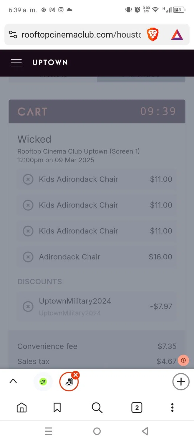 Rooftop Cinema Club promo code screenshot showing code UptownMilitary2024 applied at Rooftop Cinema Club checkout page. Uploaded by SimplyCodes community member DiscountCollector1489 on Mar 9, 2025