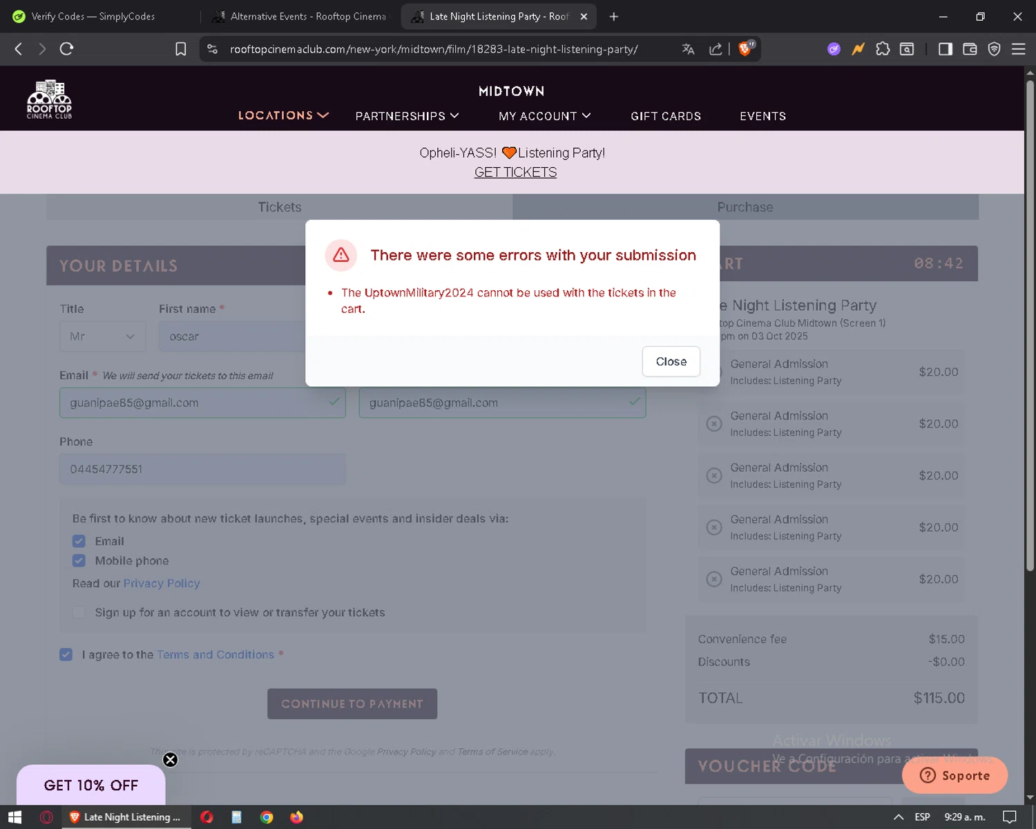 Rooftop Cinema Club promo code screenshot showing code UptownMilitary2024 applied at Rooftop Cinema Club checkout page. Uploaded by SimplyCodes community member mixelis on Sep 25, 2025