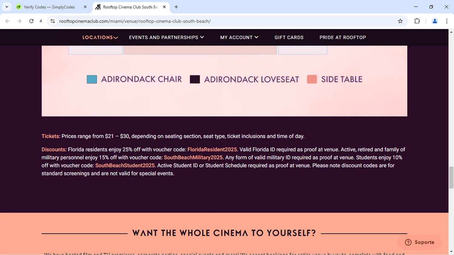 Rooftop Cinema Club promo code screenshot showing code FloridaResident2024 applied at Rooftop Cinema Club checkout page. Uploaded by SimplyCodes community member SofiaVentura on Jun 3, 2025
