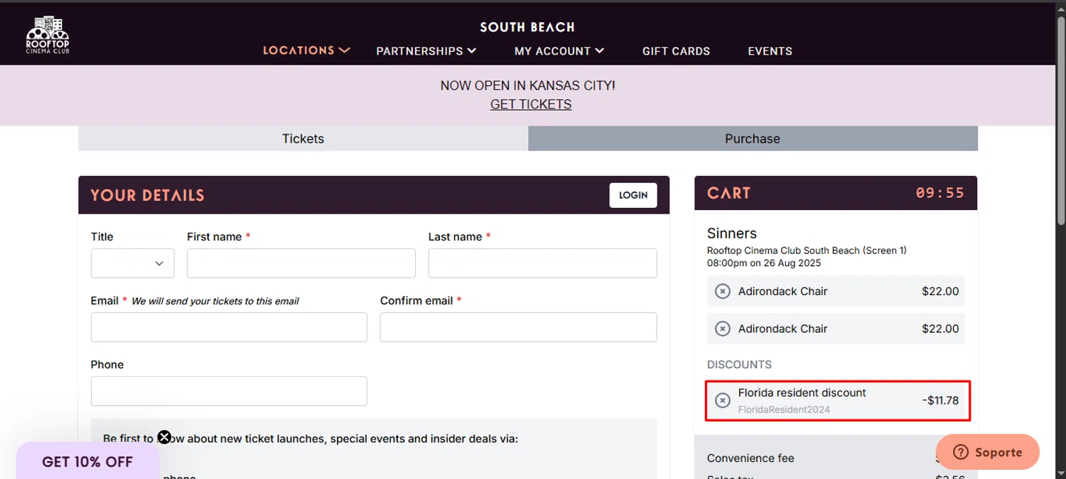 Rooftop Cinema Club promo code screenshot showing code FloridaResident2024 applied at Rooftop Cinema Club checkout page. Uploaded by SimplyCodes community member noworries on Aug 26, 2025