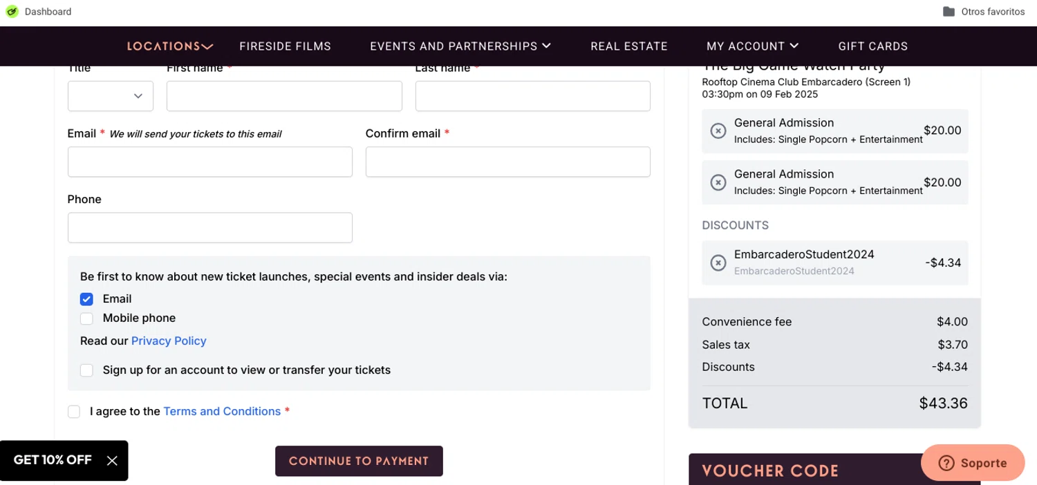 Rooftop Cinema Club promo code screenshot showing code EmbarcaderoStudent2024 applied at Rooftop Cinema Club checkout page. Uploaded by SimplyCodes community member Speedy on Feb 8, 2025