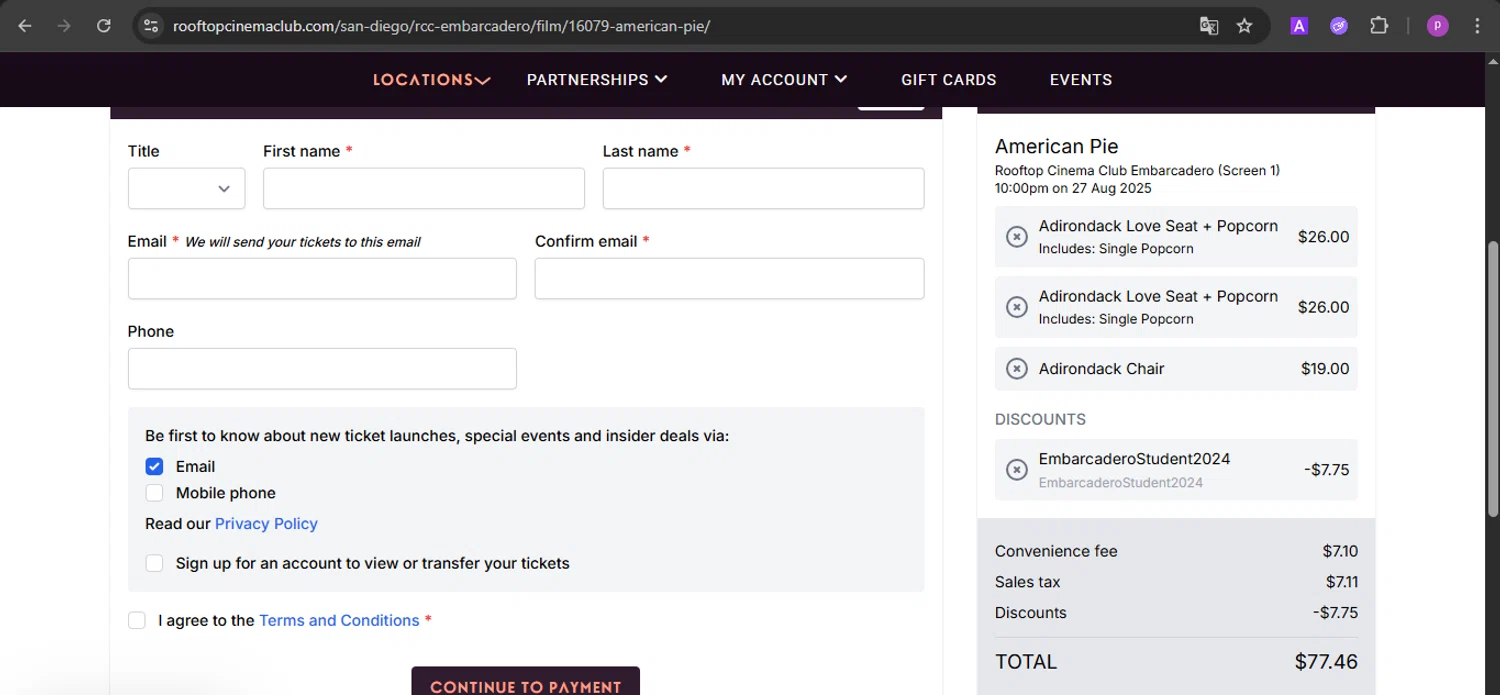 Rooftop Cinema Club promo code screenshot showing code EmbarcaderoStudent2024 applied at Rooftop Cinema Club checkout page. Uploaded by SimplyCodes community member firoas on Aug 27, 2025