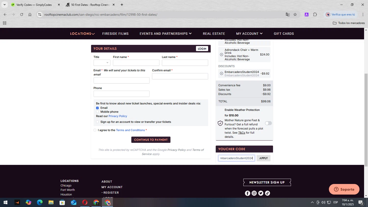 Rooftop Cinema Club promo code screenshot showing code EmbarcaderoStudent2024 applied at Rooftop Cinema Club checkout page. Uploaded by SimplyCodes community member lisandro on Jan 10, 2025