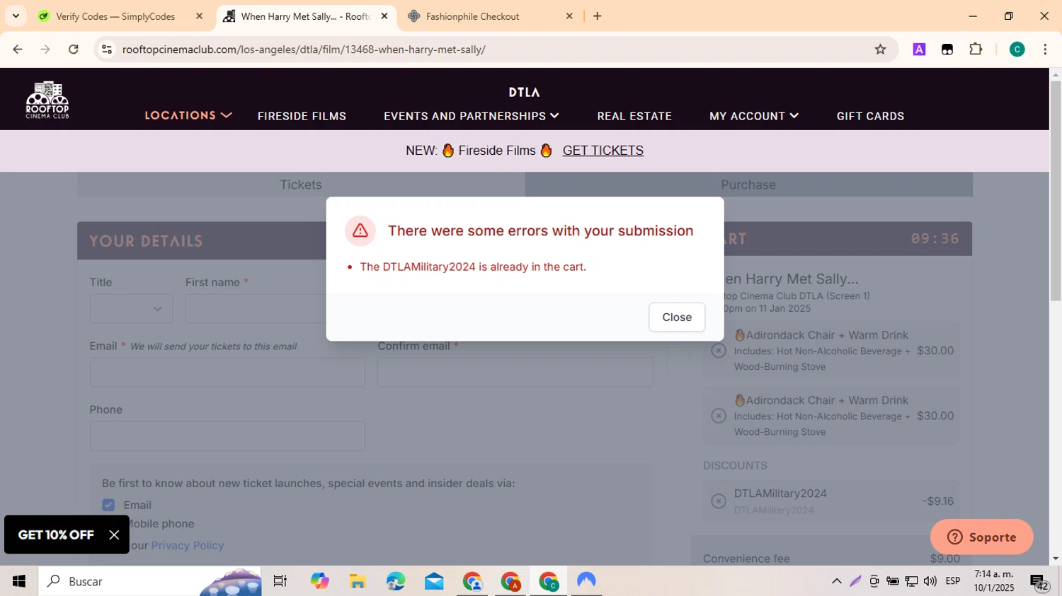 Rooftop Cinema Club promo code screenshot showing code DTLAMILITARY2024 applied at Rooftop Cinema Club checkout page. Uploaded by SimplyCodes community member EpicSpotter3493 on Jan 10, 2025