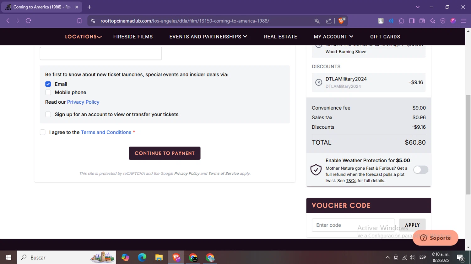 Rooftop Cinema Club promo code screenshot showing code DTLAMILITARY2024 applied at Rooftop Cinema Club checkout page. Uploaded by SimplyCodes community member BargainWizard5755 on Feb 8, 2025