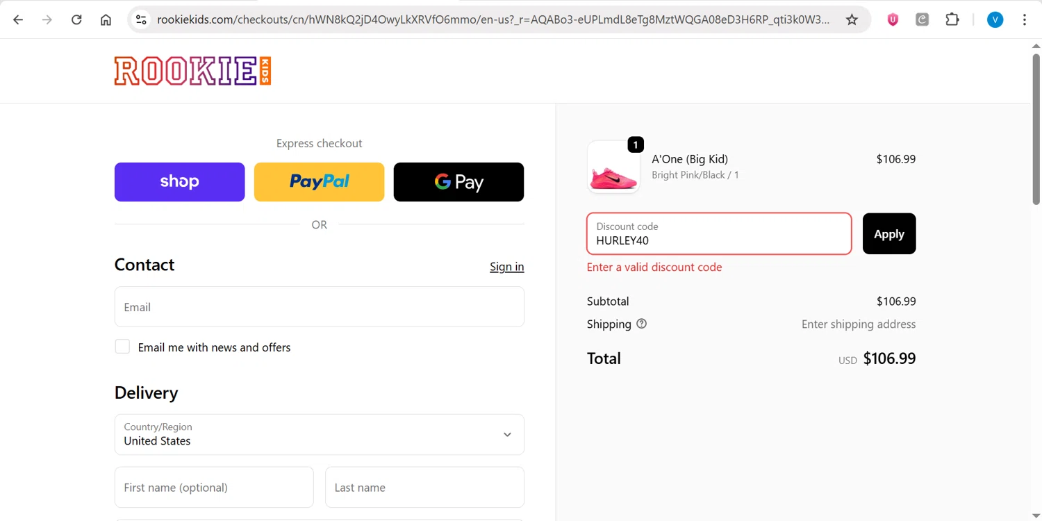 Rookie USA promo code screenshot showing code HURLEY40 applied at Rookie USA checkout page. Uploaded by SimplyCodes community member CleverPilot4885 on Feb 13, 2026