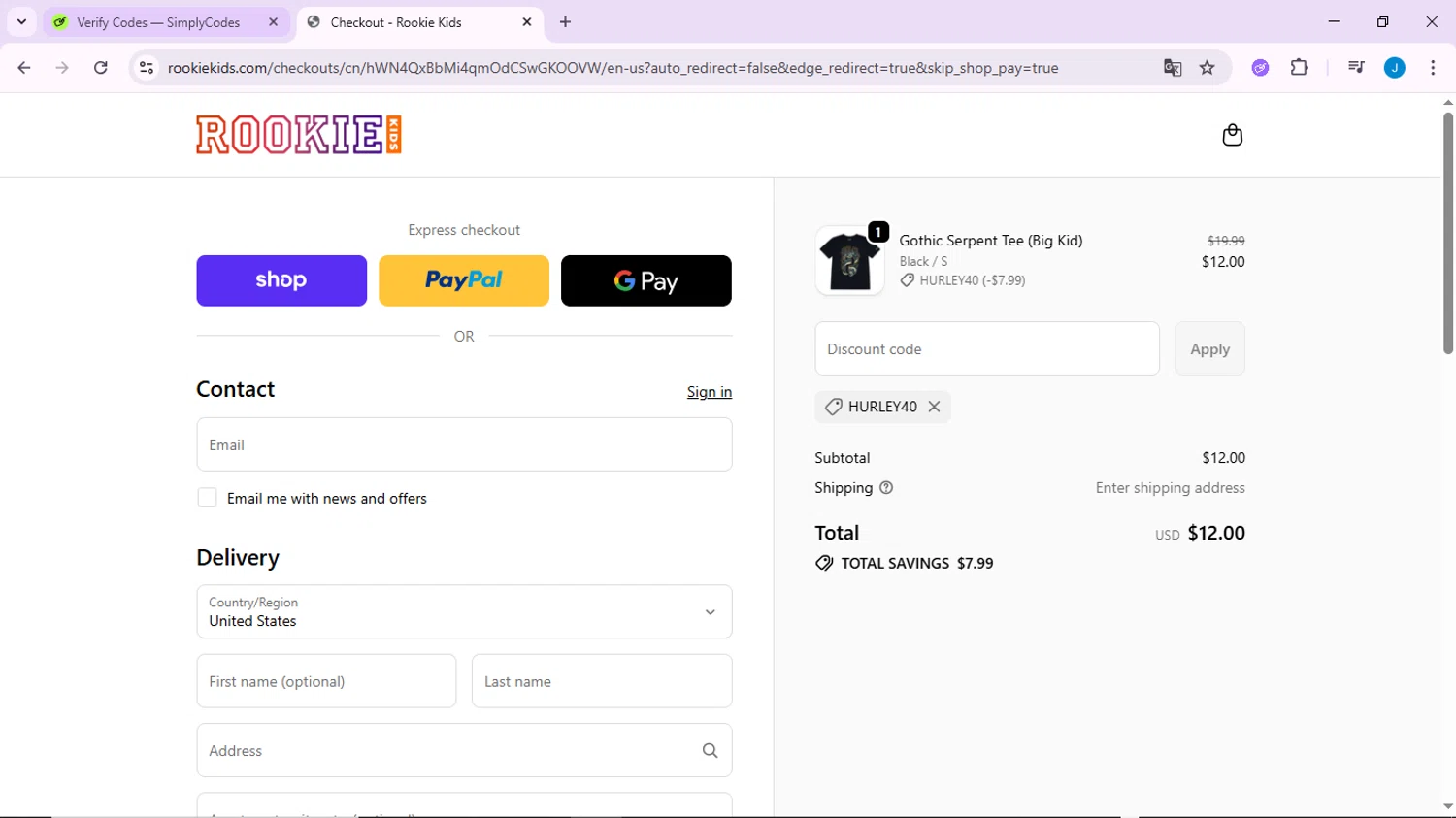 Rookie USA checkout page showing Rookie USA promo code box | Screenshot taken by SimplyCodes community member on Oct 23, 2025