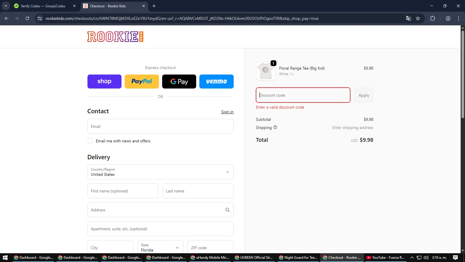 Rookie USA promo code screenshot showing code HURLEY40 applied at Rookie USA checkout page. Uploaded by SimplyCodes community member SmartMaverick5327 on Jan 2, 2026