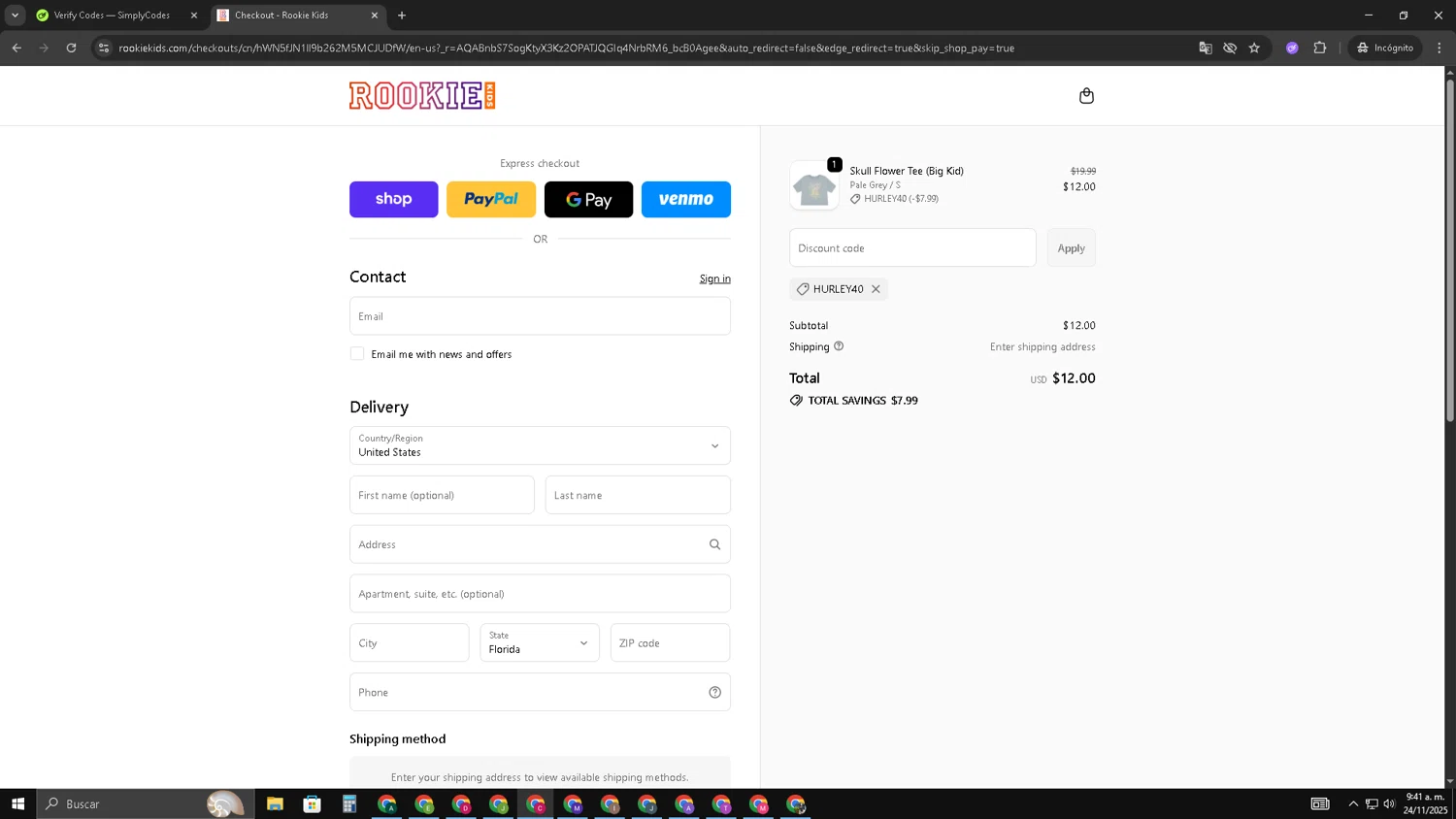 Rookie USA promo code screenshot showing code HURLEY40 applied at Rookie USA checkout page. Uploaded by SimplyCodes community member TOROREX250 on Nov 24, 2025