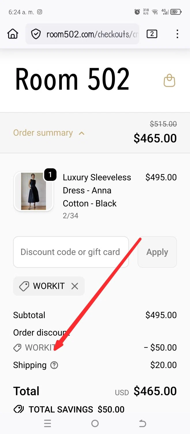 Room 502 promo code screenshot showing code WORKIT applied at Room 502 checkout page. Uploaded by SimplyCodes community member Darien on Oct 14, 2025