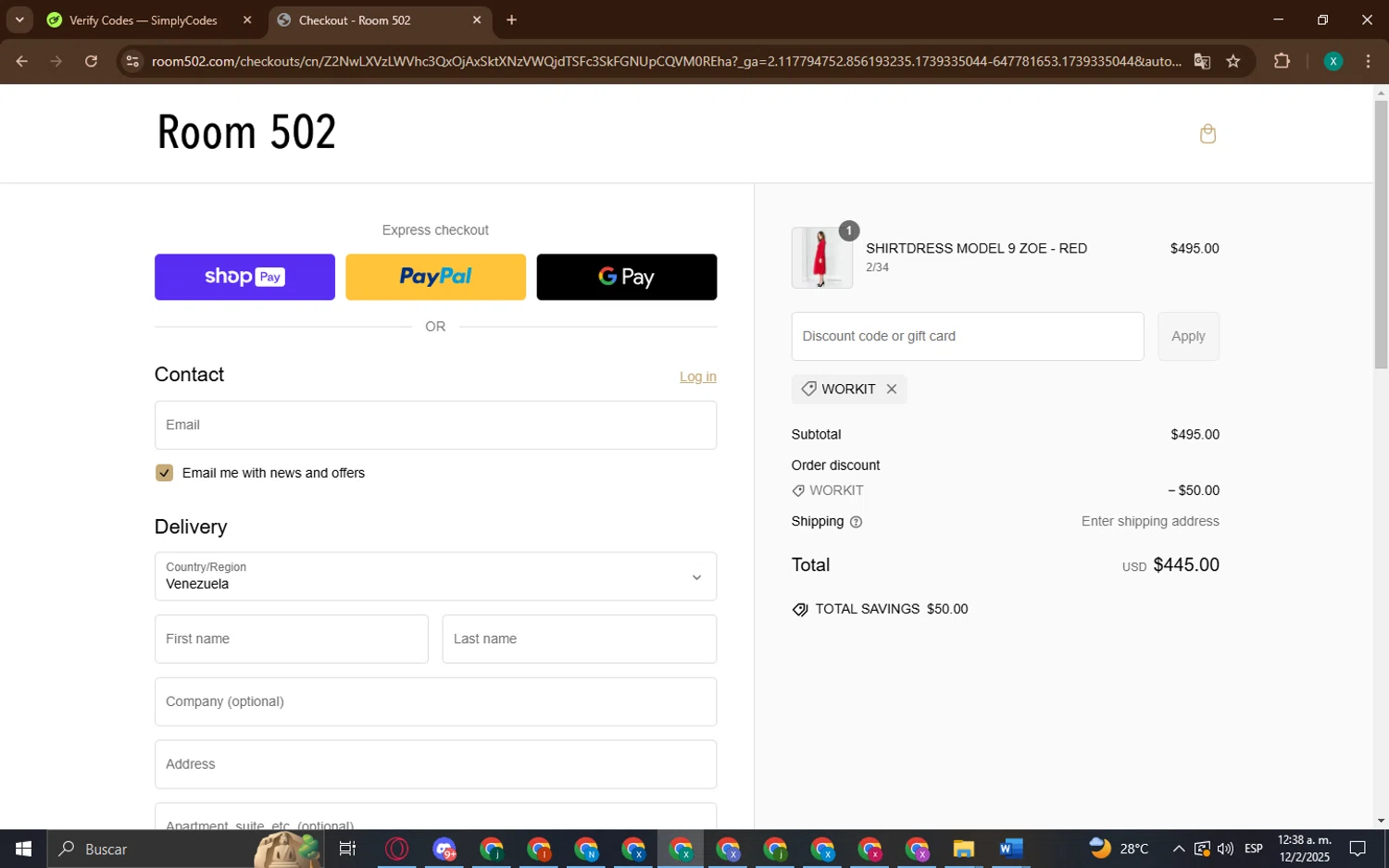 Room 502 promo code screenshot showing code WORKIT applied at Room 502 checkout page. Uploaded by SimplyCodes community member BonusWarden6019 on Feb 12, 2025
