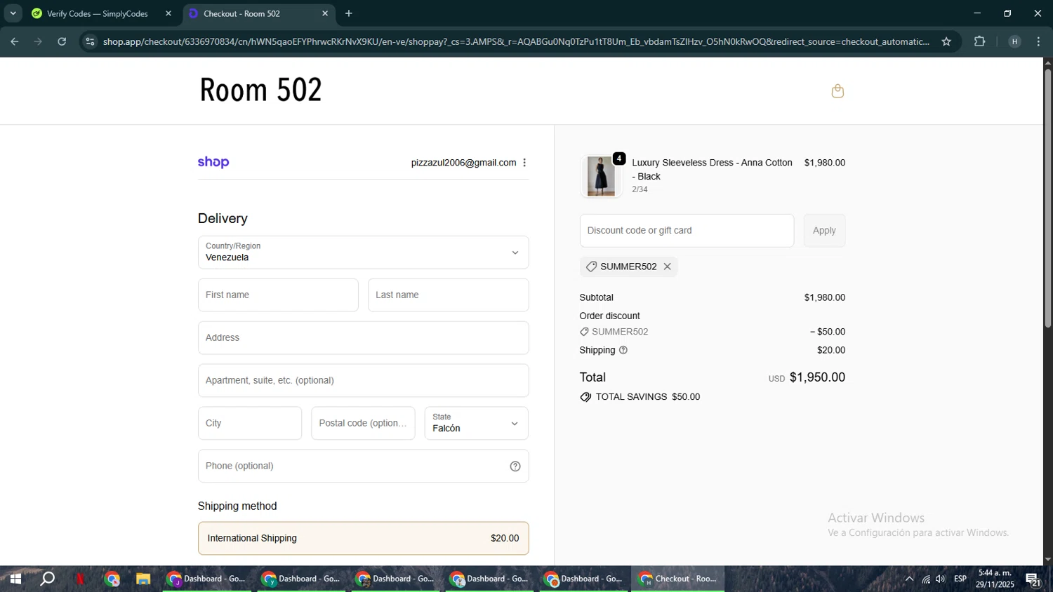Room 502 promo code screenshot showing code SUMMER502 applied at Room 502 checkout page. Uploaded by SimplyCodes community member YAMAHA on Nov 29, 2025