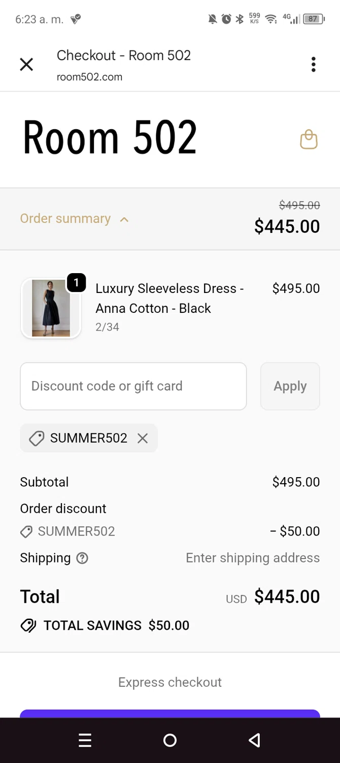 Room 502 promo code screenshot showing code SUMMER502 applied at Room 502 checkout page. Uploaded by SimplyCodes community member leiraM on Oct 14, 2025