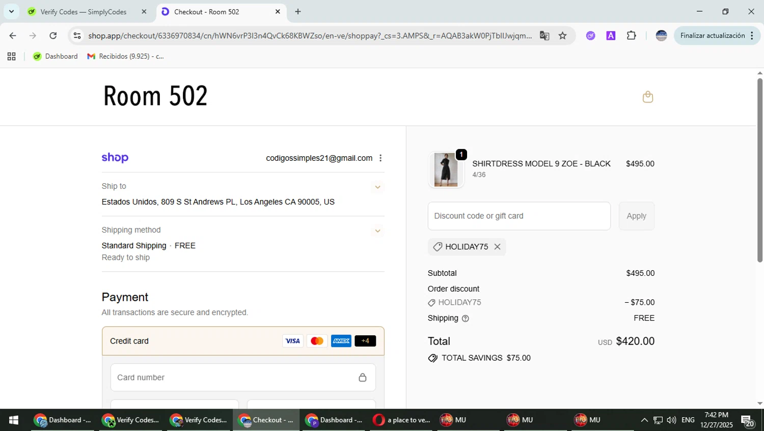 Room 502 promo code screenshot showing code HOLIDAY75 applied at Room 502 checkout page. Uploaded by SimplyCodes community member Typhlosion on Dec 27, 2025