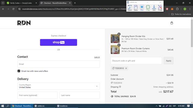 RoomDividersNow checkout page showing RoomDividersNow promo code box | Screenshot taken by SimplyCodes community member on Jul 28, 2024