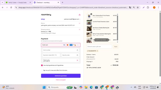 roomtery checkout page showing roomtery discount code box | Screenshot taken by SimplyCodes community member on Sep 1, 2025
