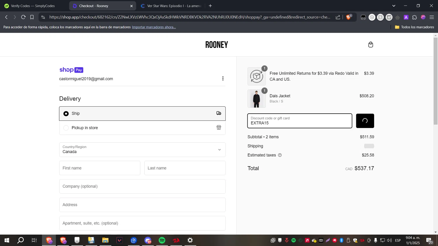 Rooney Shop promo code screenshot showing code EXTRA15 applied at Rooney Shop checkout page. Uploaded by SimplyCodes community member CoinHawk6938 on Jan 1, 2025