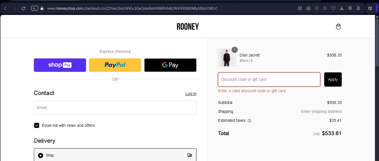 Rooney Shop promo code screenshot showing code EXTRA15 applied at Rooney Shop checkout page. Uploaded by SimplyCodes community member NobleSentinel8535 on Jan 1, 2025