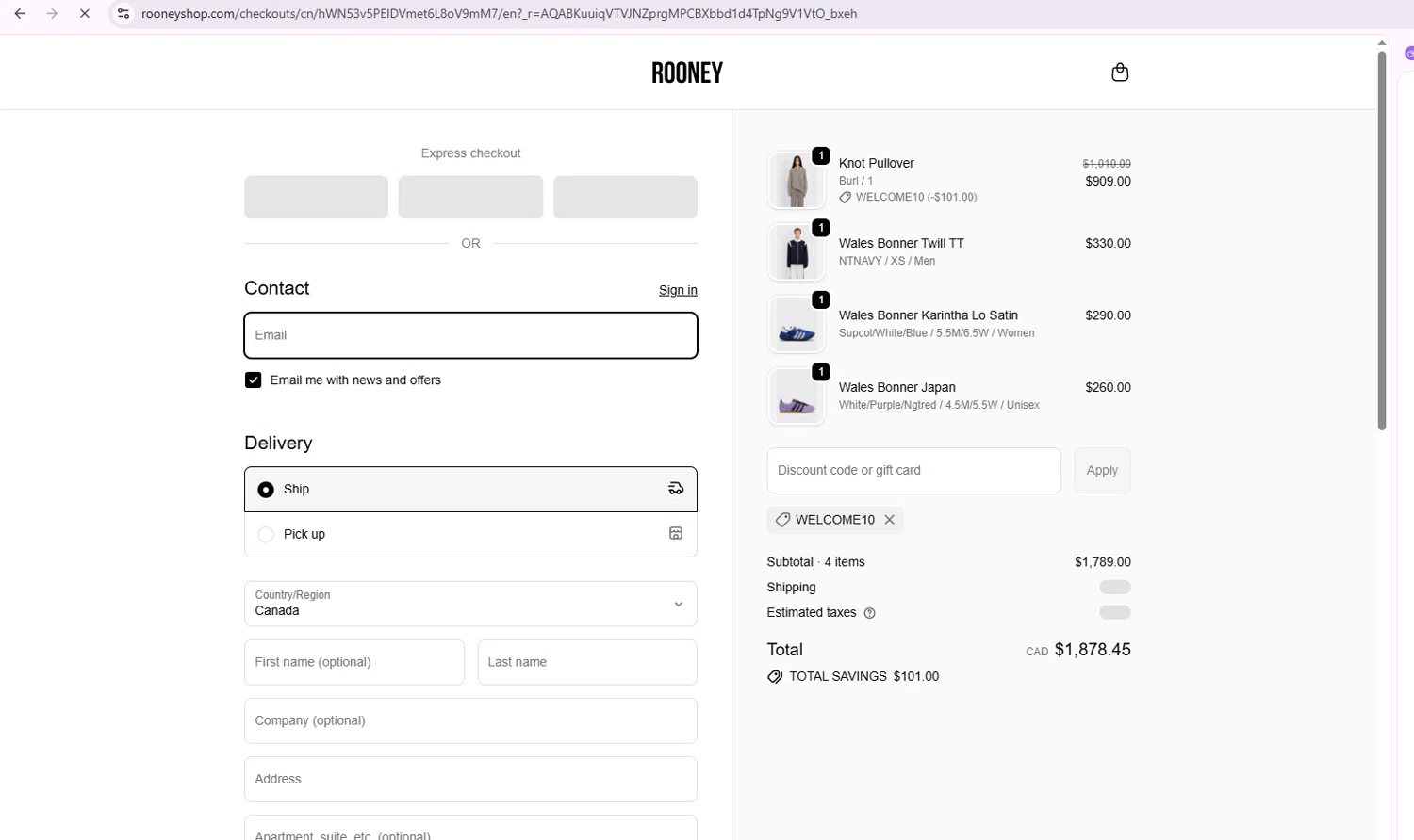 Rooney Shop promo code screenshot showing code WELCOME10 applied at Rooney Shop checkout page. Uploaded by SimplyCodes community member GoldRanger7896 on Nov 8, 2025