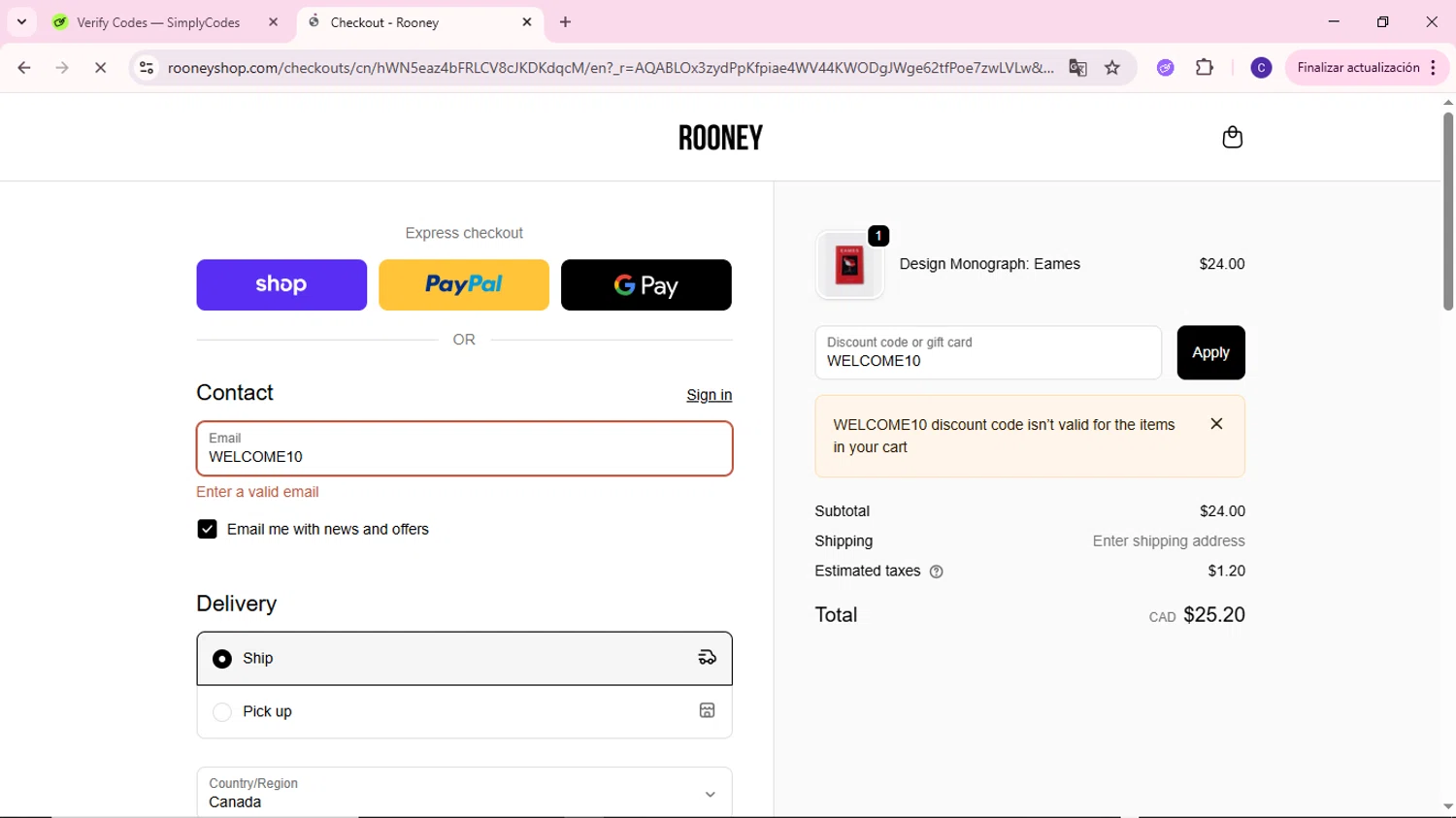 Rooney Shop promo code screenshot showing code WELCOME10 applied at Rooney Shop checkout page. Uploaded by SimplyCodes community member MoneyWizard2699 on Nov 24, 2025