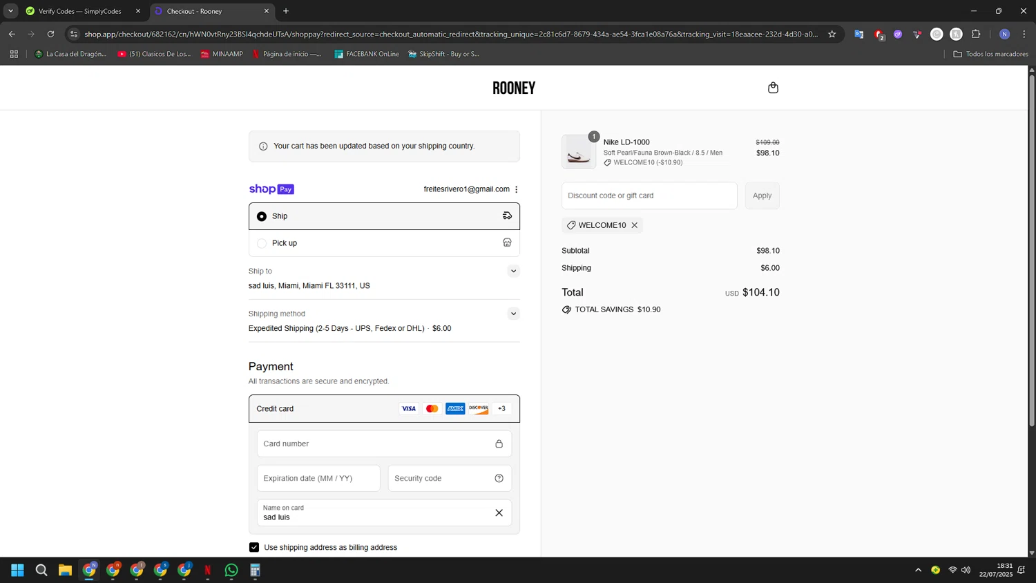 Rooney Shop promo code screenshot showing code WELCOME10 applied at Rooney Shop checkout page. Uploaded by SimplyCodes community member RoyalGuardian2978 on Jul 22, 2025