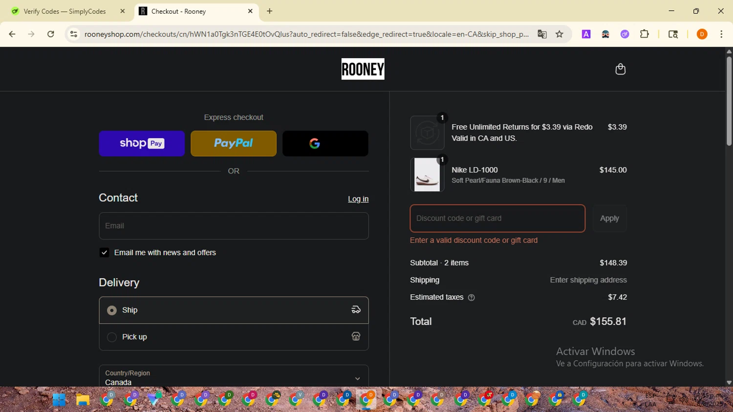 Rooney Shop promo code screenshot showing code SS25 applied at Rooney Shop checkout page. Uploaded by SimplyCodes community member SavingsMaverick3203 on Aug 8, 2025