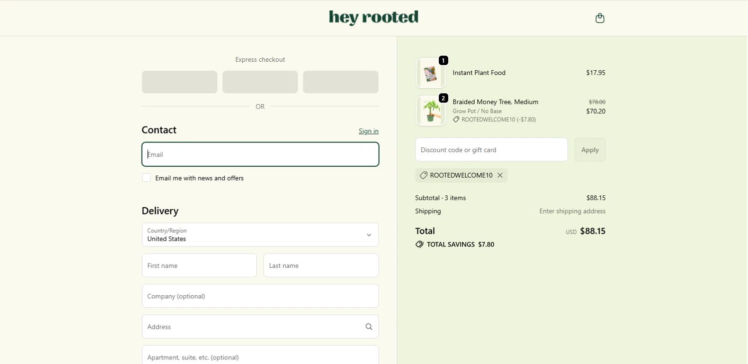 Rooted discount code screenshot showing code ROOTEDWELCOME10 applied at Rooted checkout page. Uploaded by SimplyCodes community member Alydrop on Oct 28, 2025