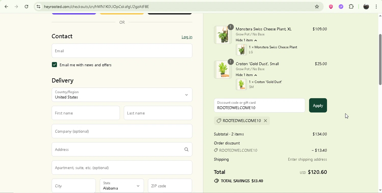 Rooted discount code screenshot showing code ROOTEDWELCOME10 applied at Rooted checkout page. Uploaded by SimplyCodes community member Jesusvasquezzz on Aug 2, 2025