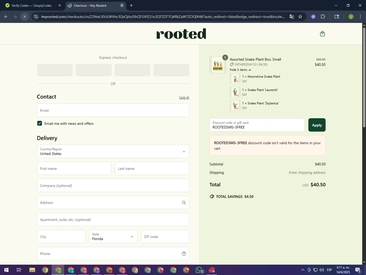 Rooted discount code screenshot showing code ROOTEDSMS-3FREE applied at Rooted checkout page. Uploaded by SimplyCodes community member MightyFinder1041 on Jun 14, 2025