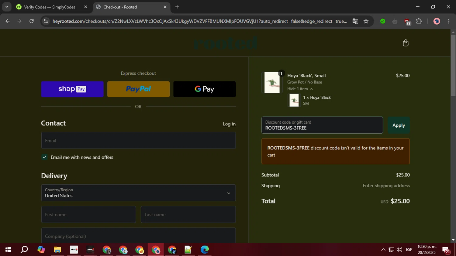 Rooted discount code screenshot showing code ROOTEDSMS-3FREE applied at Rooted checkout page. Uploaded by SimplyCodes community member FortunateTiger3302 on Mar 1, 2025
