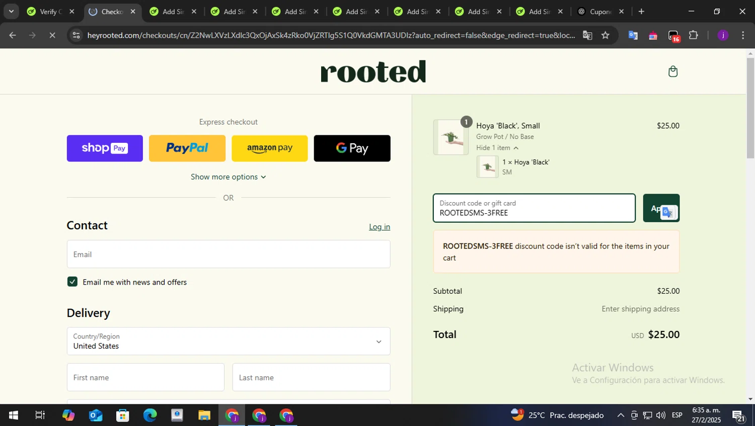 Rooted discount code screenshot showing code ROOTEDSMS-3FREE applied at Rooted checkout page. Uploaded by SimplyCodes community member perry1 on Feb 27, 2025