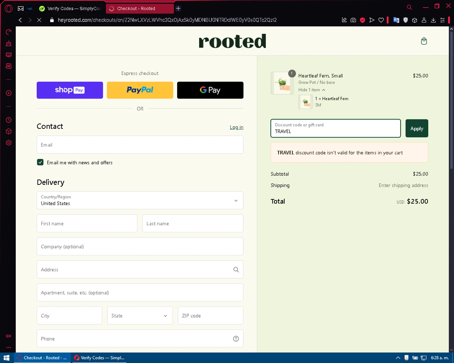 Rooted discount code screenshot showing code TRAVEL applied at Rooted checkout page. Uploaded by SimplyCodes community member XXXTENTACION on Feb 14, 2025