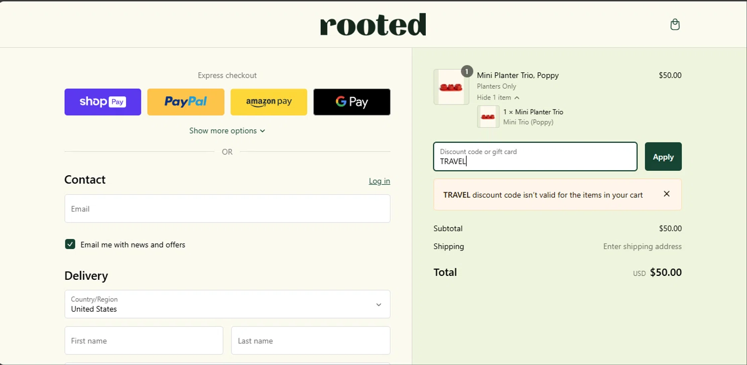 Rooted discount code screenshot showing code TRAVEL applied at Rooted checkout page. Uploaded by SimplyCodes community member DealFinder8915 on Jan 16, 2025