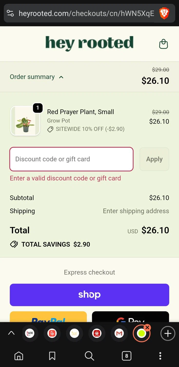 Rooted discount code screenshot showing code EARLYBF10 applied at Rooted checkout page. Uploaded by SimplyCodes community member GoldLynx7797 on Nov 21, 2025