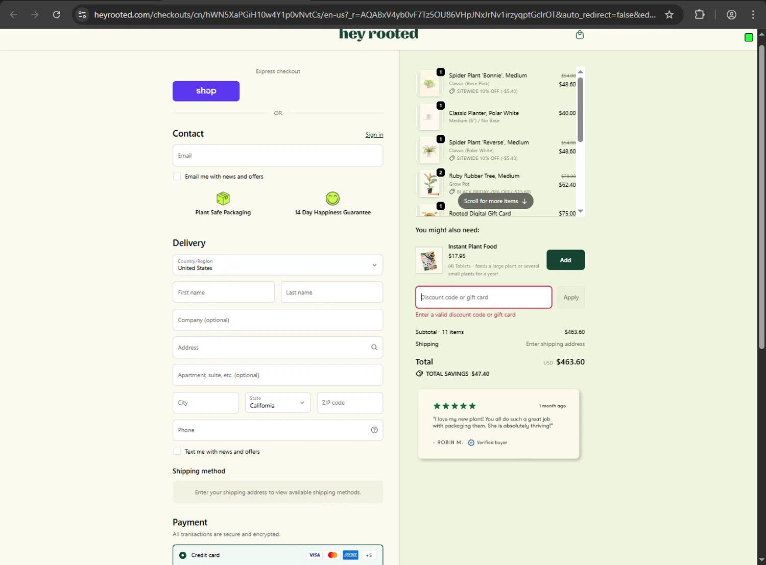 Rooted discount code screenshot showing code EARLYBF10 applied at Rooted checkout page. Uploaded by SimplyCodes community member MAHORAGA on Nov 21, 2025