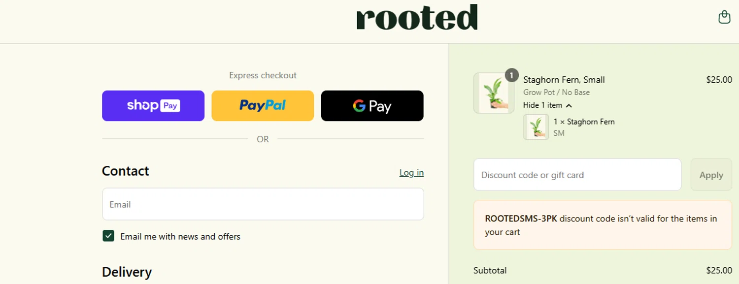 Rooted discount code screenshot showing code ROOTEDSMS-3PK applied at Rooted checkout page. Uploaded by SimplyCodes community member ashe1986 on Jul 7, 2025