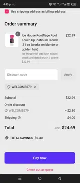 WELCOME679 coupon verification screenshot