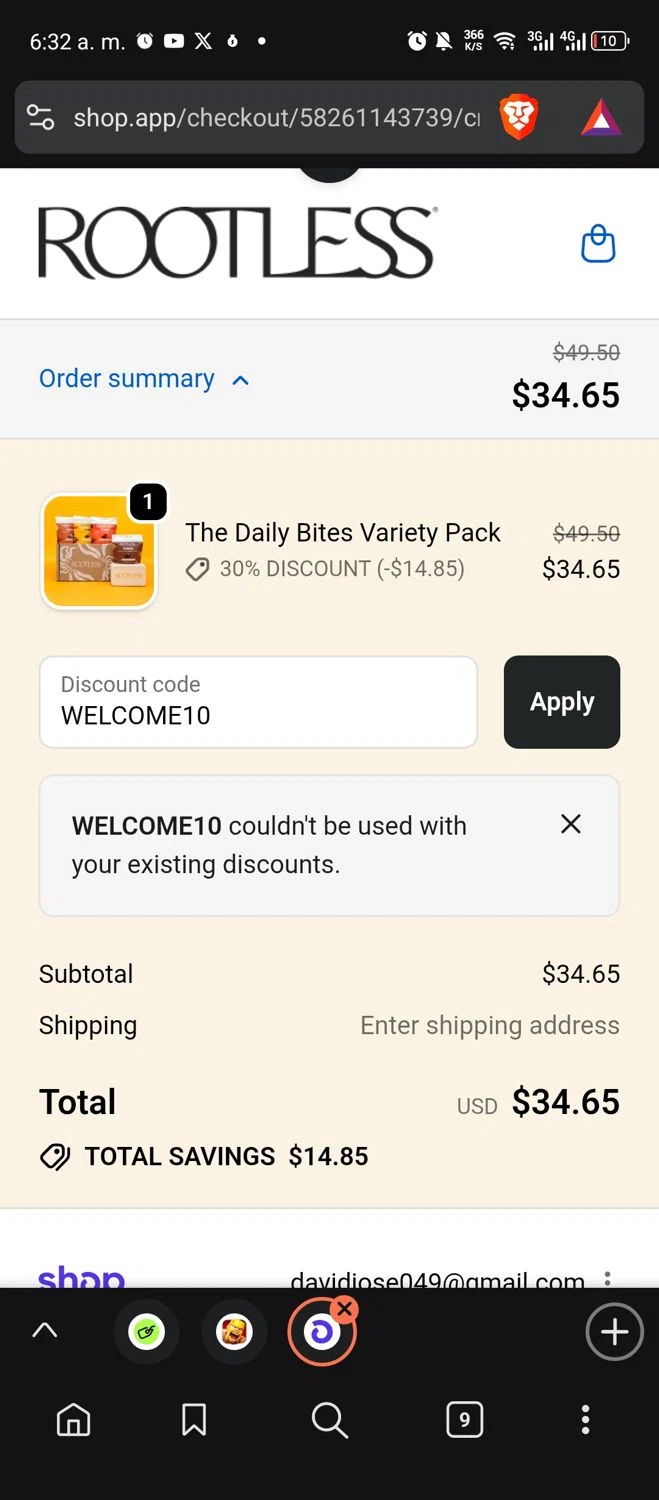 Rootless discount code screenshot showing code WELCOME10 applied at Rootless checkout page. Uploaded by SimplyCodes community member 61451681 on Nov 29, 2025