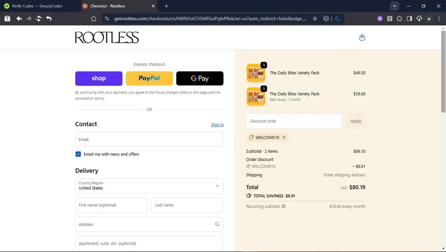 Rootless discount code screenshot showing code WELCOME10 applied at Rootless checkout page. Uploaded by SimplyCodes community member CleverPioneer8971 on Oct 6, 2025