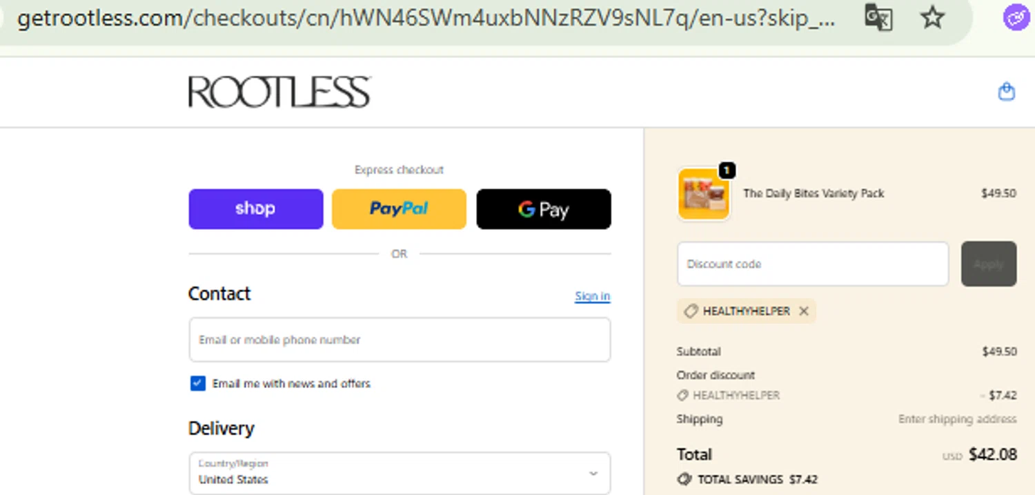 Rootless discount code screenshot showing code HEALTHYHELPER applied at Rootless checkout page. Uploaded by SimplyCodes community member CashMaestro9337 on Oct 14, 2025