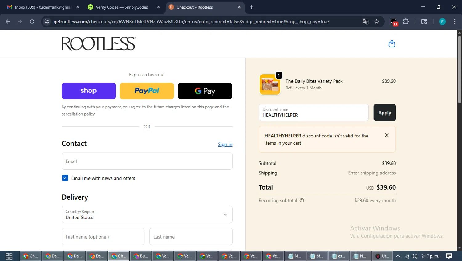 Rootless discount code screenshot showing code HEALTHYHELPER applied at Rootless checkout page. Uploaded by SimplyCodes community member ShrewdTitan3233 on Oct 6, 2025