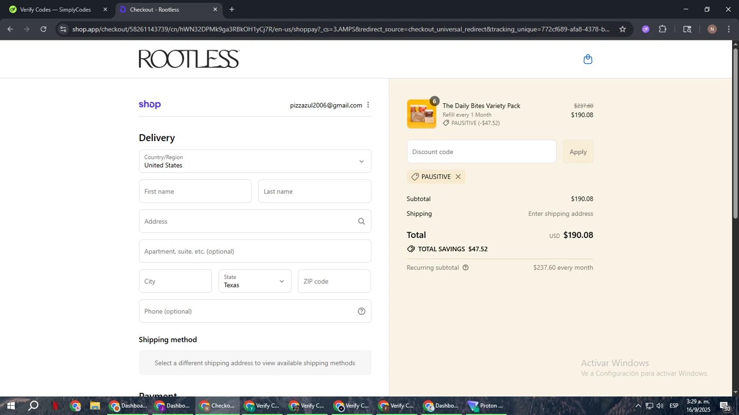 Rootless discount code screenshot showing code PAUSITIVE applied at Rootless checkout page. Uploaded by SimplyCodes community member DiscountPioneer2554 on Sep 16, 2025