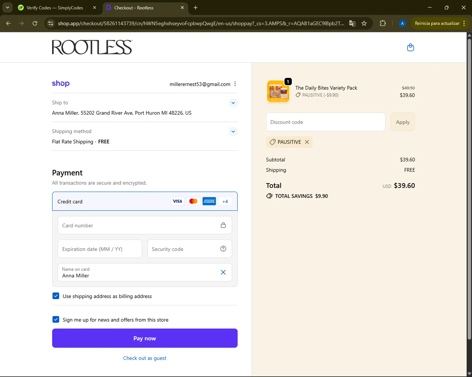 Rootless discount code screenshot showing code PAUSITIVE applied at Rootless checkout page. Uploaded by SimplyCodes community member ShrewdMaestro6940 on Nov 24, 2025
