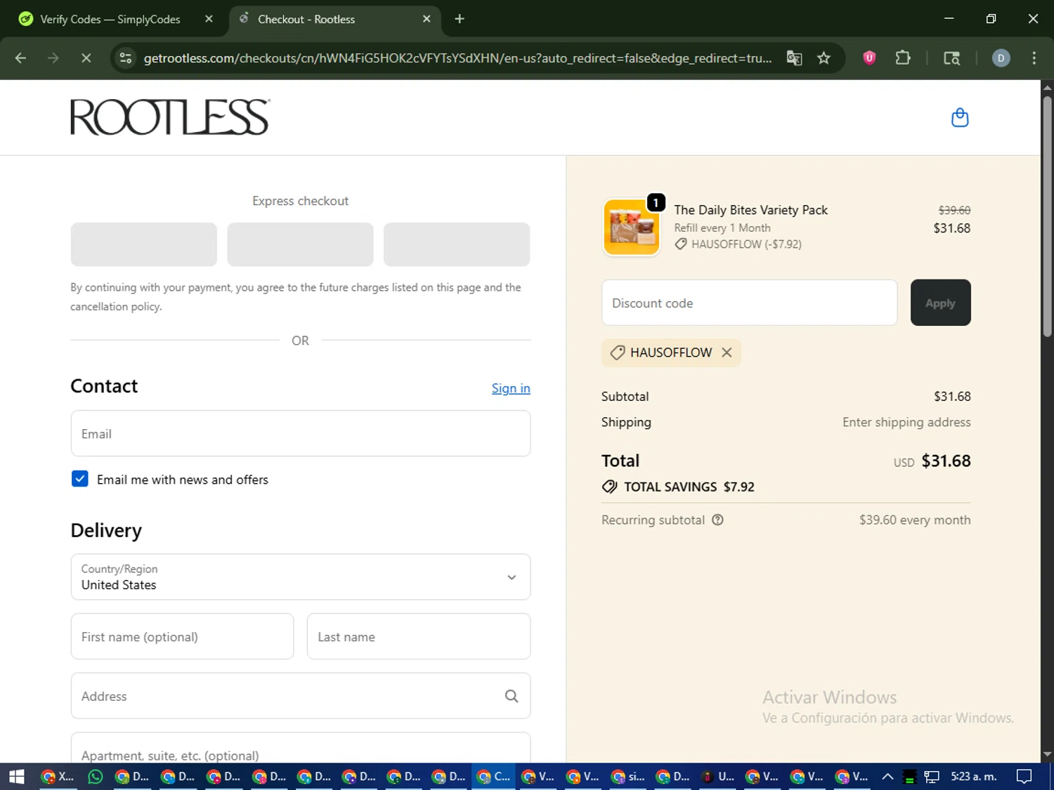 Rootless discount code screenshot showing code HAUSOFFLOW applied at Rootless checkout page. Uploaded by SimplyCodes community member CleverCurator2558 on Oct 18, 2025