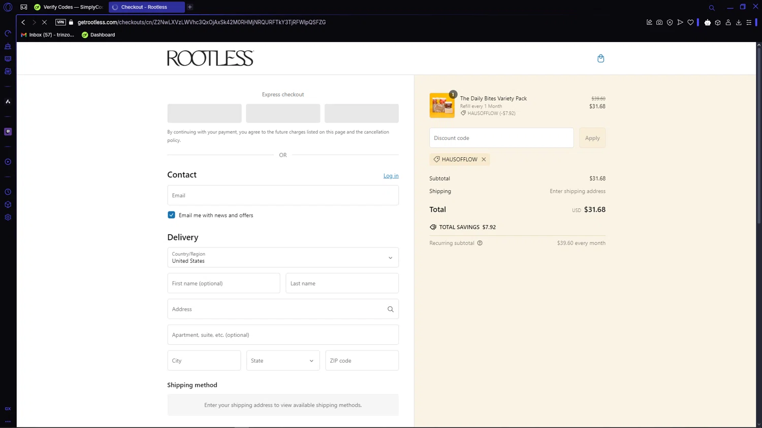 Rootless discount code screenshot showing code HAUSOFFLOW applied at Rootless checkout page. Uploaded by SimplyCodes community member VictoriousCaptain3902 on Feb 28, 2025