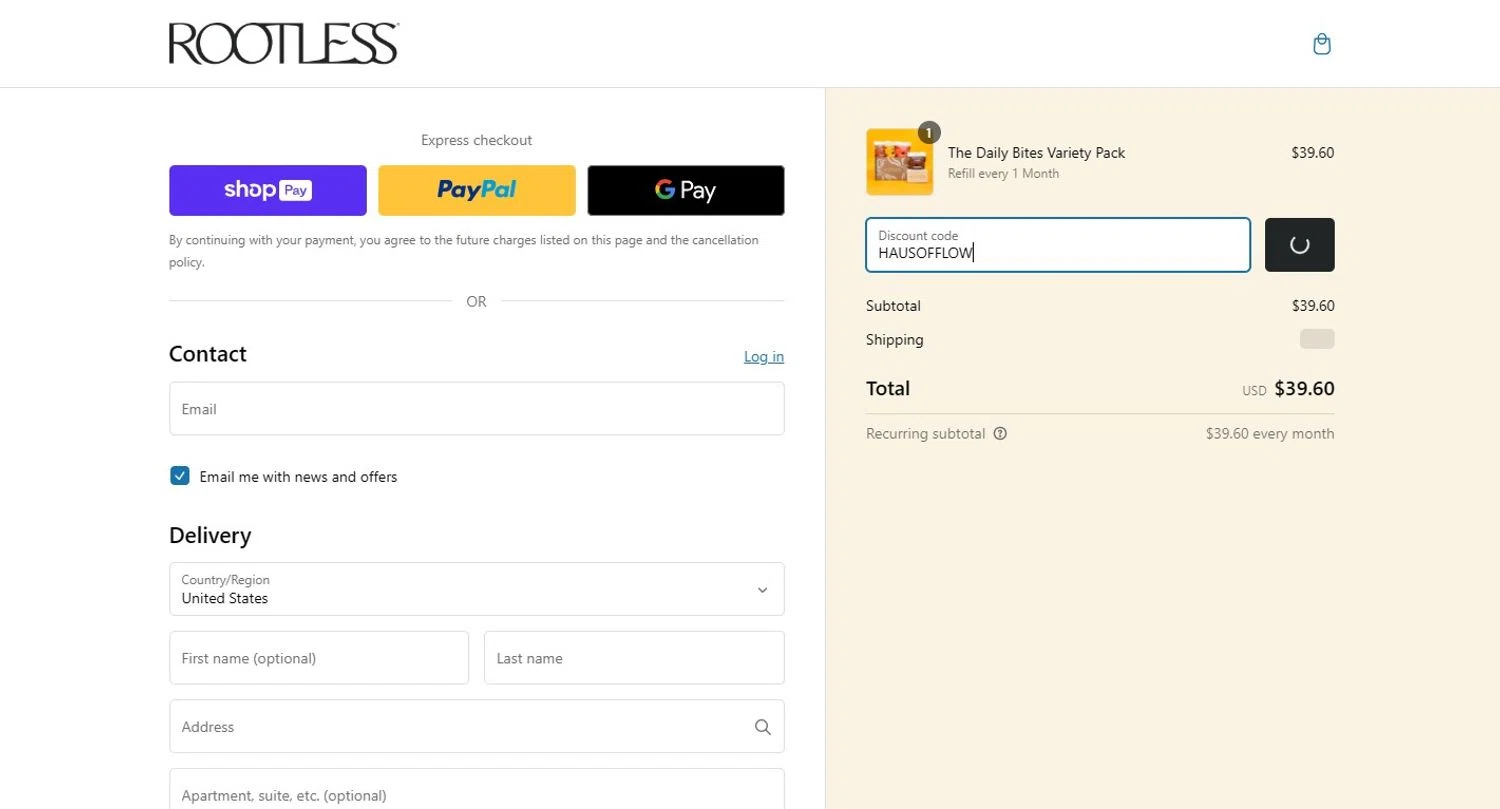 Rootless discount code screenshot showing code HAUSOFFLOW applied at Rootless checkout page. Uploaded by SimplyCodes community member mikhaildelmoral on Jan 30, 2025