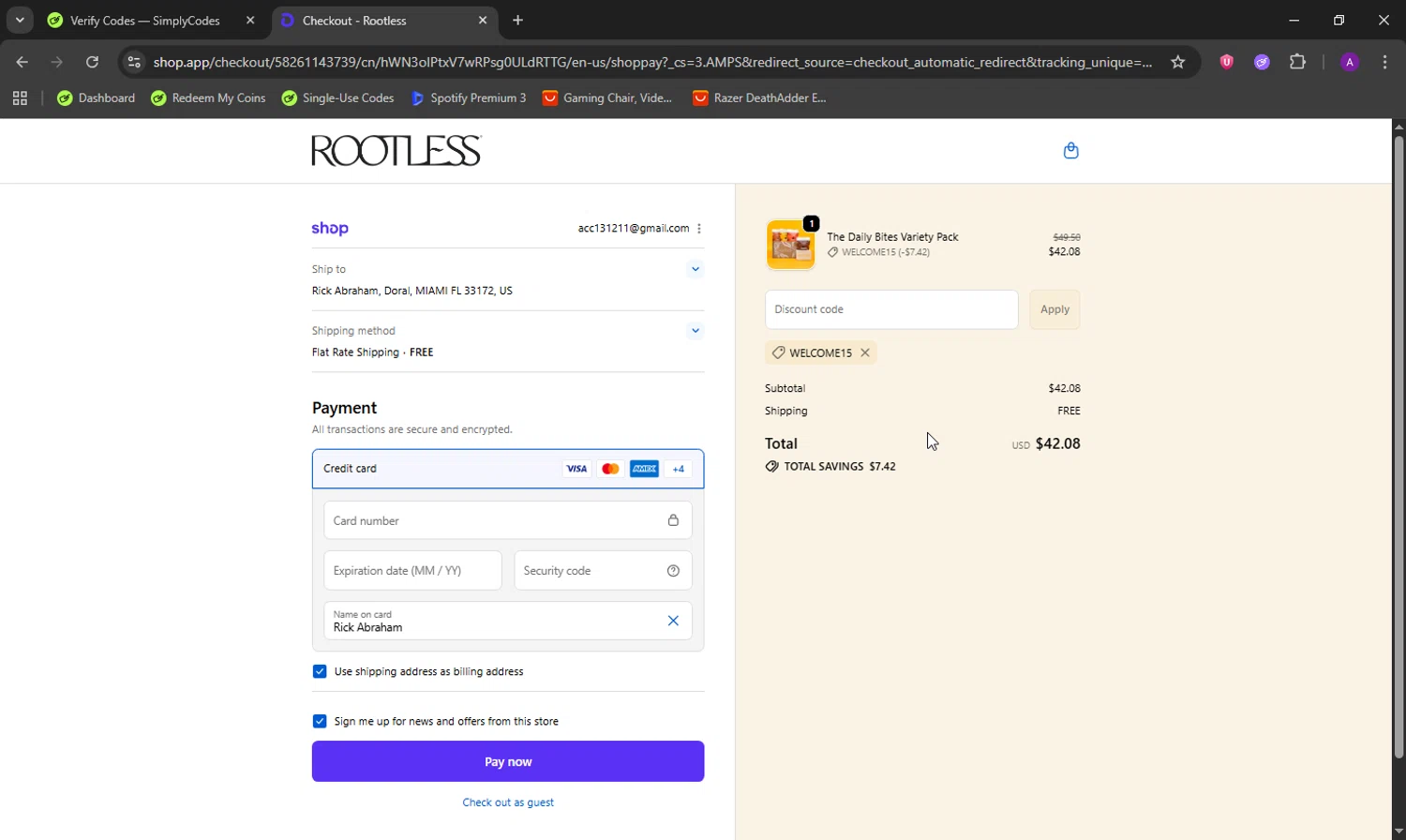 Rootless discount code screenshot showing code WELCOME15 applied at Rootless checkout page. Uploaded by SimplyCodes community member DeathBone on Oct 6, 2025