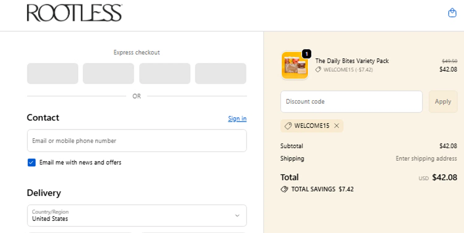 Rootless discount code screenshot showing code WELCOME15 applied at Rootless checkout page. Uploaded by SimplyCodes community member PennyScout6137 on Nov 1, 2025