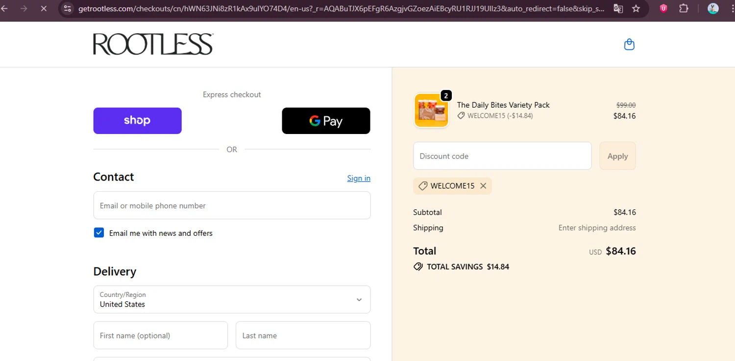 Rootless discount code screenshot showing code WELCOME15 applied at Rootless checkout page. Uploaded by SimplyCodes community member elgatobravo on Dec 4, 2025